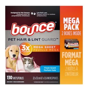Bounce Pet Hair and Lint Guard Mega Dryer Sheets, Fresh Scent, 130 Ct NWT